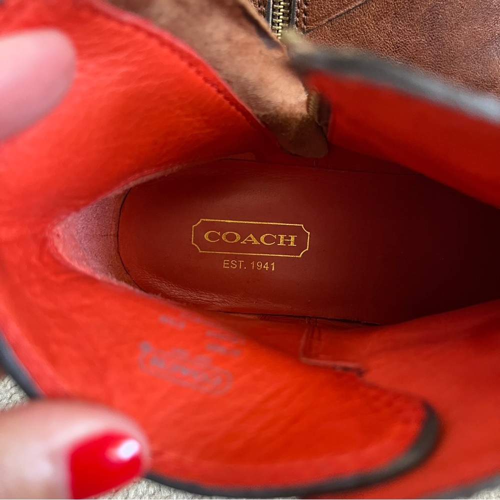 Coach Leoda Dark Ginger Distressed Brown Leather Bootie Ankle Boots Buckle 5.5 - Picture 13 of 14